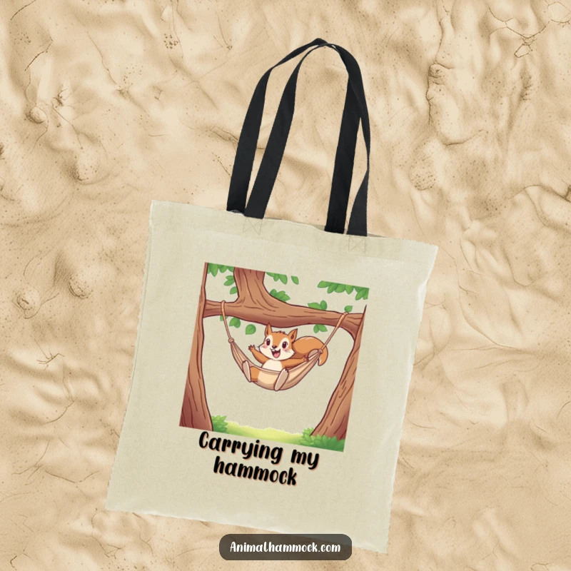 Funny tote bag illustrating a squirrel enthusiastically jumping into a hammock, showcasing a love for adventure and relaxation. Great gift.