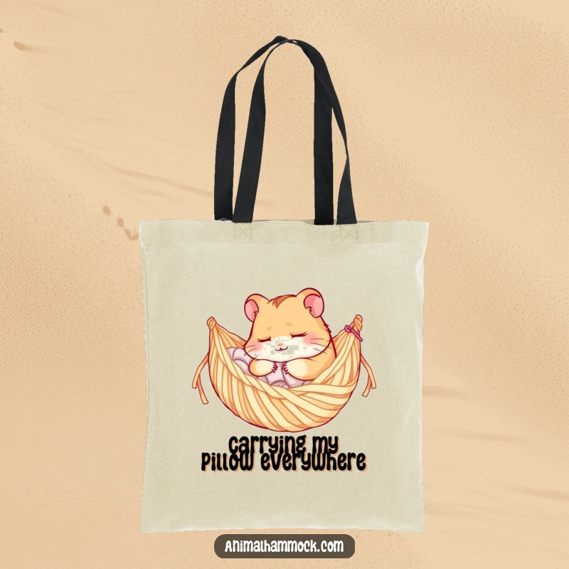 Funny tote bag featuring a peaceful hamster character snoozing in a handmade yarn hammock, perfect for carrying daily items.