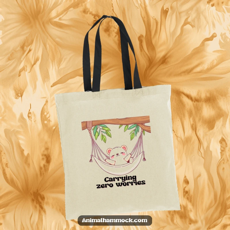 Funny tote bag featuring a cute animal luxuriously stretching in a hammock, perfect for carrying your essentials with a relaxed and humorous attitude.