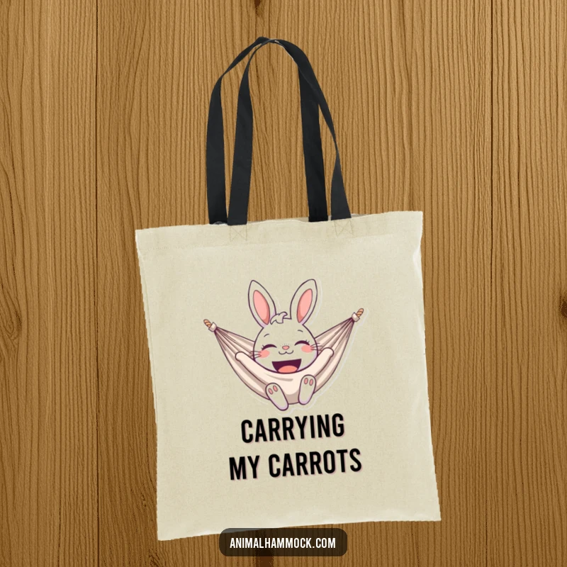 Funny bunny tote bag with a delighted bunny smiling broadly in a hammock, showcasing a cheerful and humorous rabbit-themed design. A practical accessory.