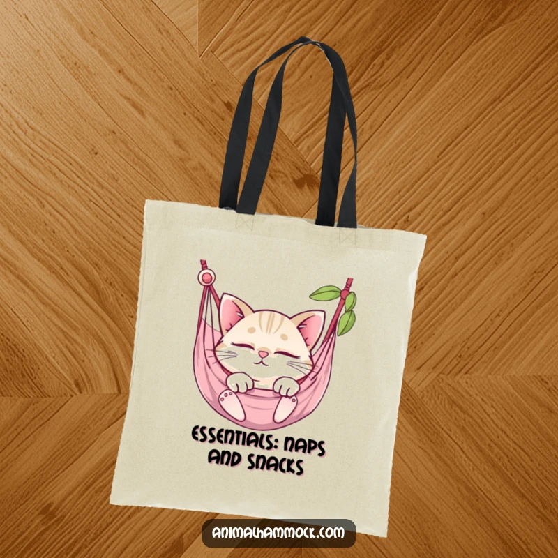 Funny round cat with big, bright eyes snoozing away in a comfy hammock, perfect for this stylish tote bag.