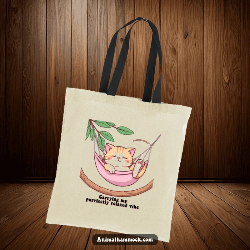 Funny Cat Tote Bag: A relaxed cat lounging in a hammock, illustrating comedic ease and a love for comfort, functional funny gift.
