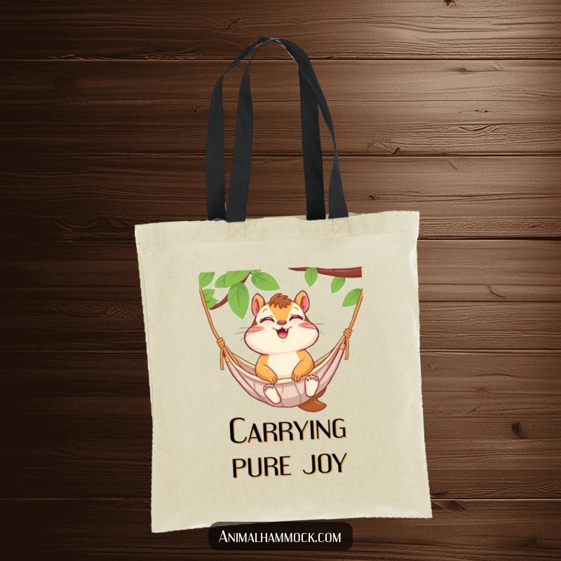 Funny chipmunk giggling with closed eyes in a hammock, on a durable tote bag. A humorous and practical accessory.