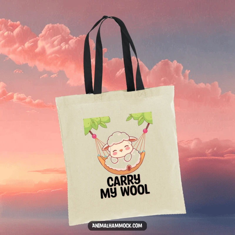 Funny tote bag with a contented sheep lying peacefully in a hammock, conveying gentle humor and serene farm life.