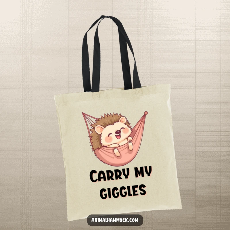 Funny tote bag showing a happy hedgehog rolling into a hammock, bringing smiles and carrying capacity. Excellent gift.