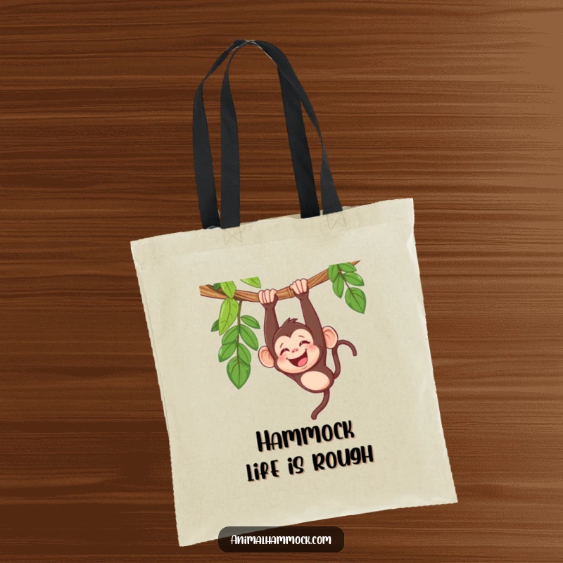 Funny monkey tote bag design with a giggling primate hanging upside down from a hammock, showcasing a humorous and joyful scene.