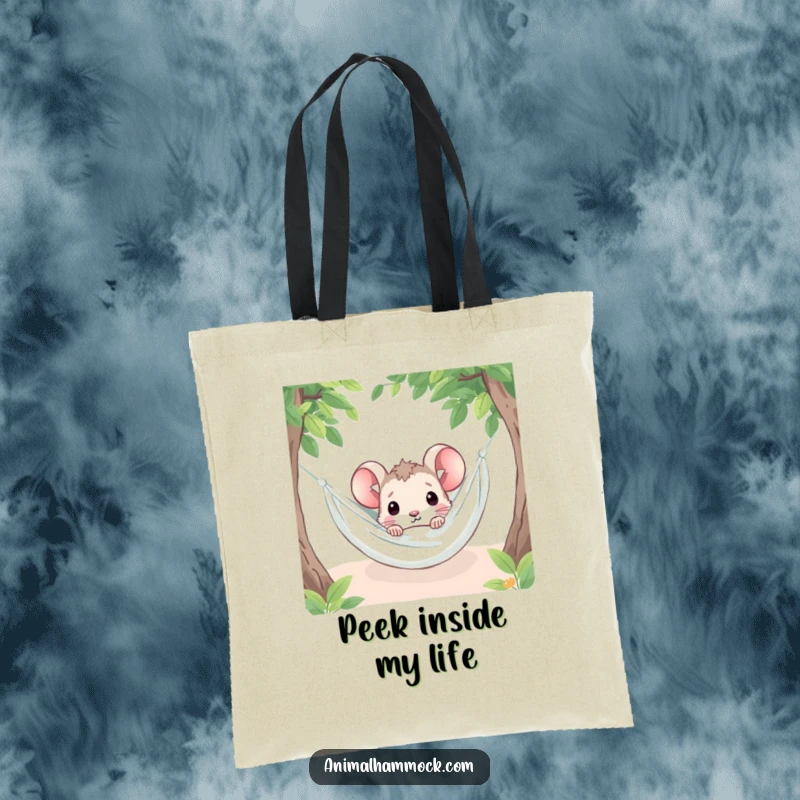 Funny curious mouse peeking from under a hammock blanket, featured on a stylish tote bag for everyday use.