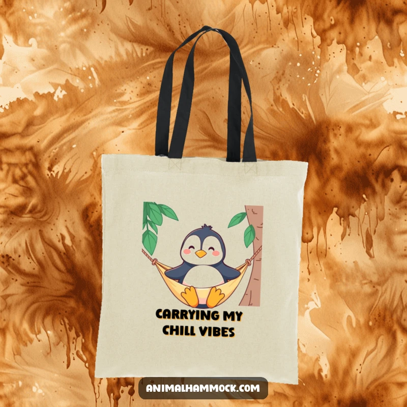 Funny tote bag showcasing a proud penguin character seated upright and smiling in a hammock, perfect for carrying daily items.