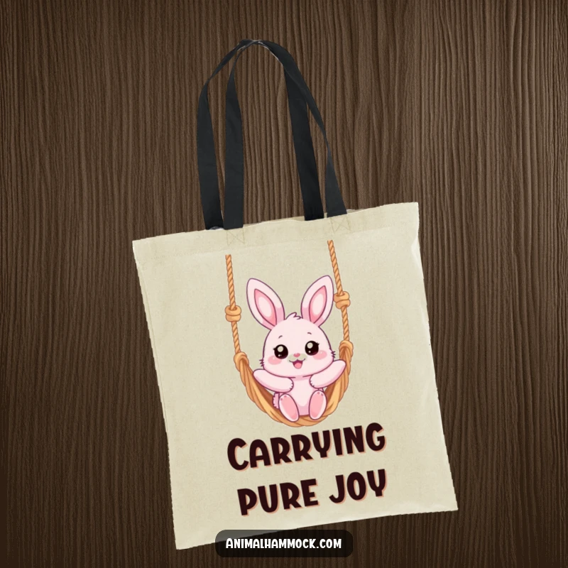 Funny tote bag featuring a fluffy pink bunny with big eyes, joyfully swinging on a rope hammock, ready for leisure.