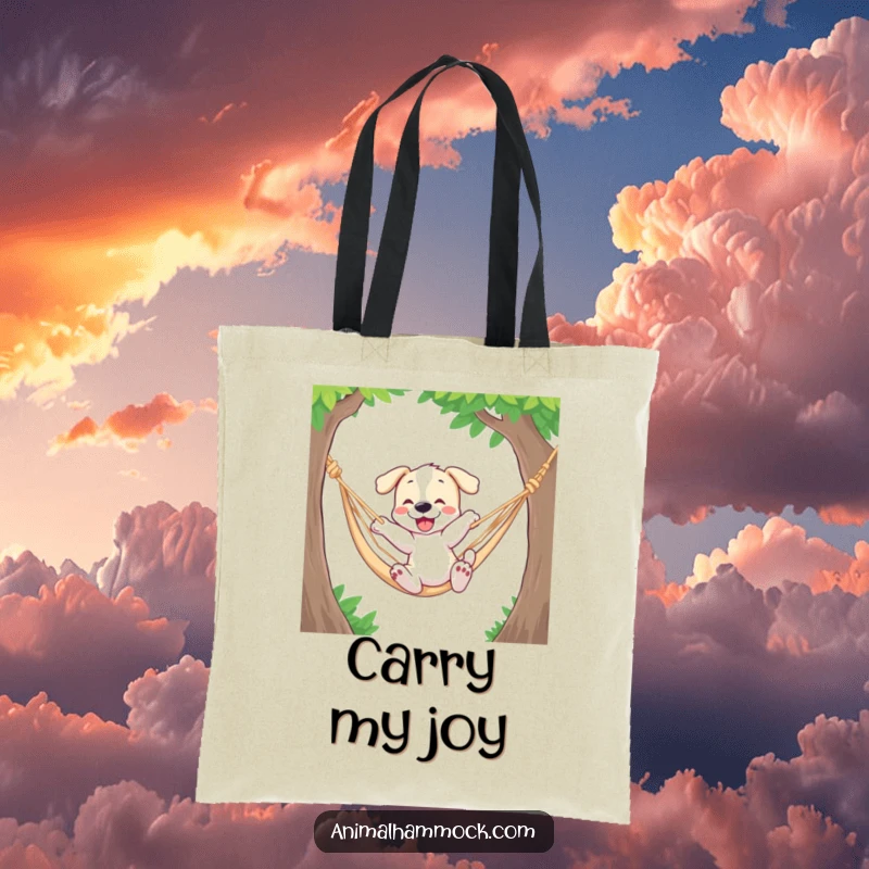 Funny tote bag with a playful puppy enthusiastically bouncing in a hammock, showcasing adorable canine energy and fun.
