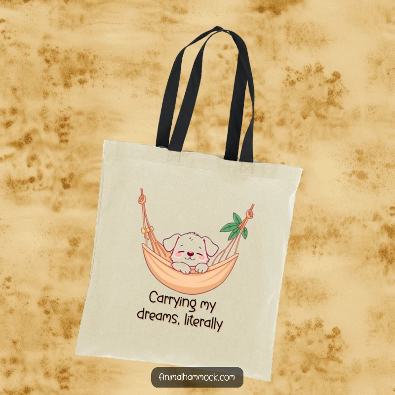 Funny puppy character napping soundly in a hammock, printed on a durable tote bag for a humorous and cute accessory.