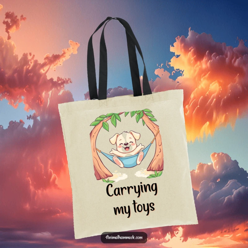Funny Puppy Tote Bag showing a playful dog doing a joyful stretch while lounging in a hammock, ideal for carrying essentials with humor.