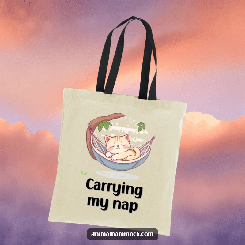 Funny sleepy cat dreaming peacefully in a hammock oasis, printed on a sturdy tote bag, showcasing a cute and humorous design for daily use.