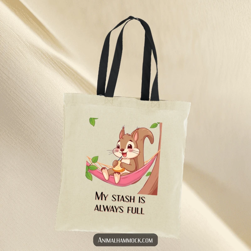 Funny Squirrel Tote Bag: An excited squirrel enjoying a snack while in a hammock, showcasing comedic leisure and a love for treats, a practical funny gift.