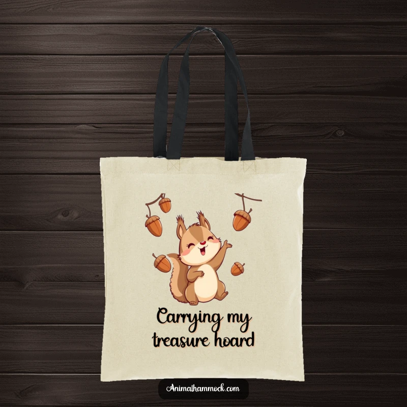 Funny squirrel character juggling acorns while suspended, featured on a durable tote bag for a humorous and practical accessory.