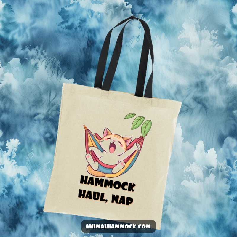 Funny cat tote bag with a yawning cat stretching languidly in a colorful hammock, practical and humorous, an ideal funny gift.