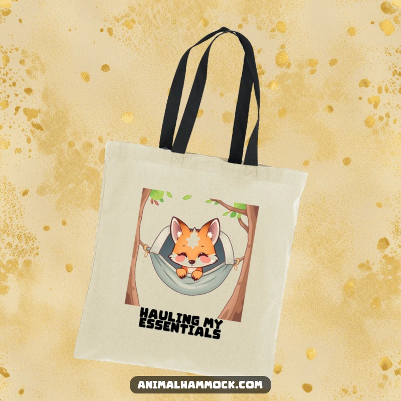Funny curious fox peeking from a hammock, printed on a sturdy tote bag, showcasing a charming and humorous design for daily use.