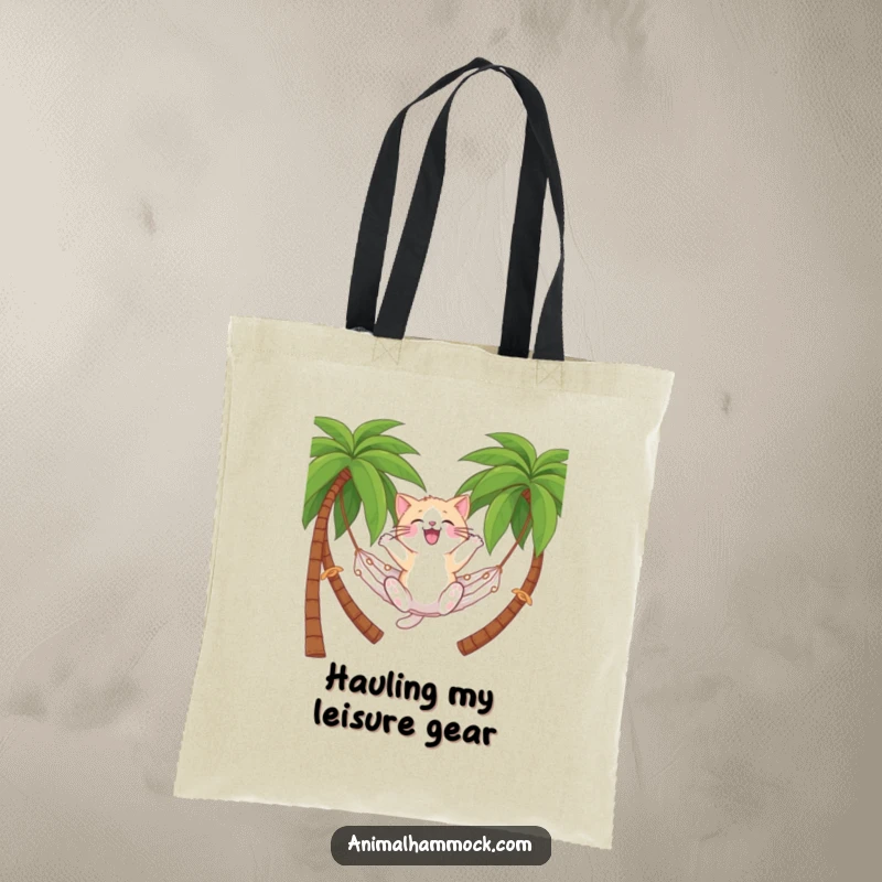 Funny cat tote bag showing a cat on a hammock, perfect for carrying essentials with a relaxed vibe, a unique funny gift.