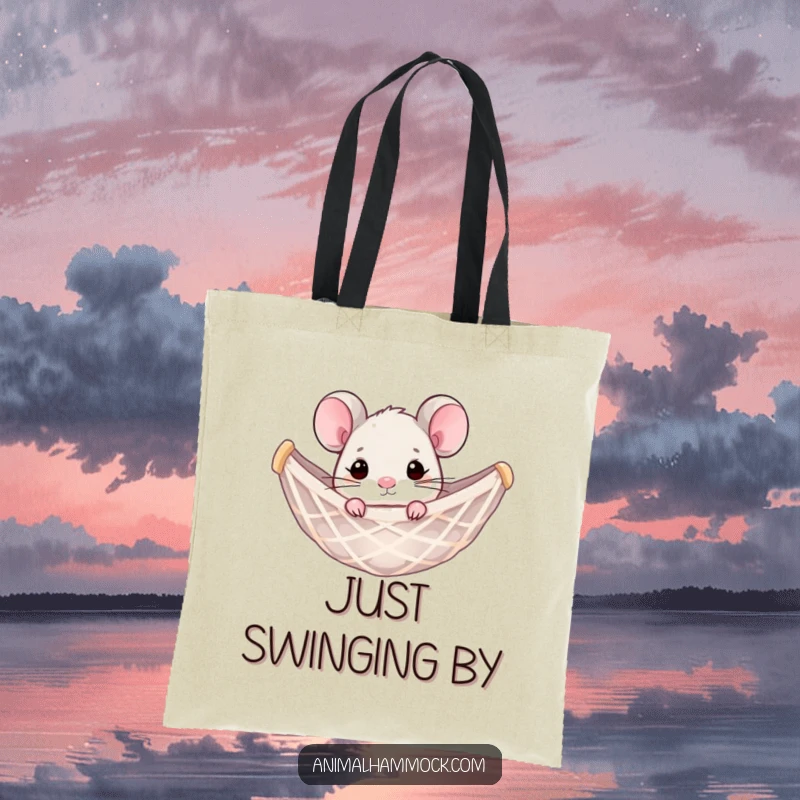 Funny mouse peeking out of a hammock net, adorning this durable tote bag. An amusing and practical accessory for daily use.