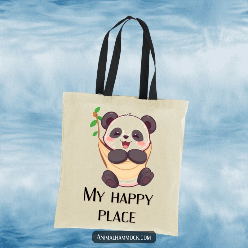 Funny tote bag showing a panda giving a hammock a big, happy hug. Practical and full of charm. Excellent gift.