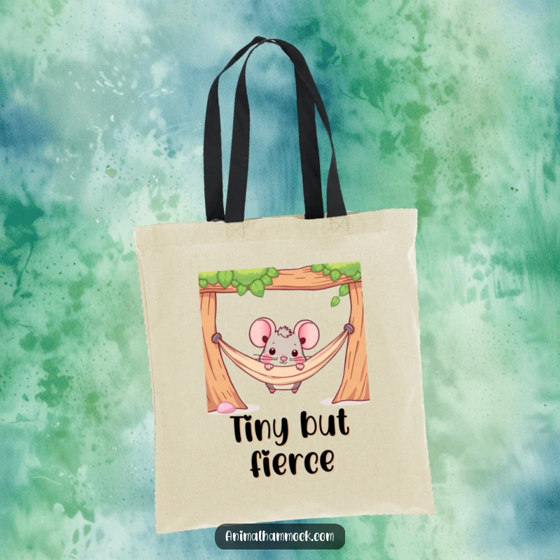 Funny tote bag with a determined mouse character peeking out from under a hammock, perfect for carrying daily items.